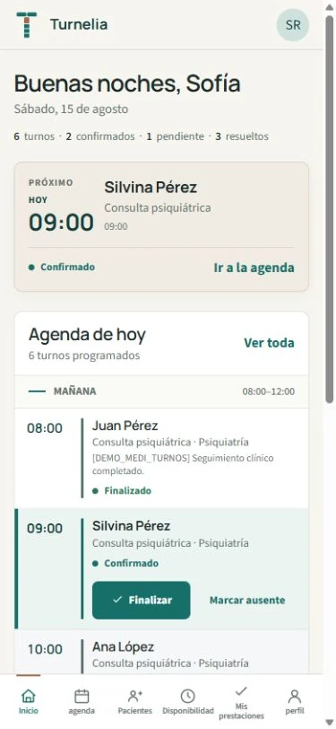 Dashboard móvil real de Turnelia