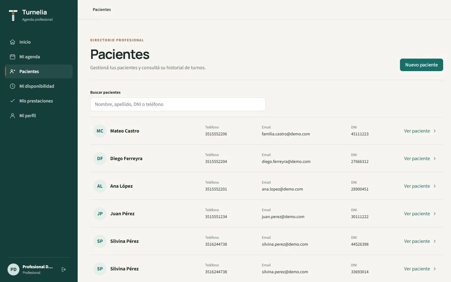 Módulo real de pacientes de Turnelia en tablet